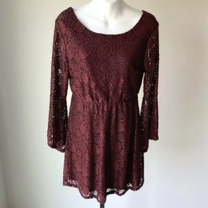 Rewind Maroon lace overlay babydoll bohemian dress with bell sleeves